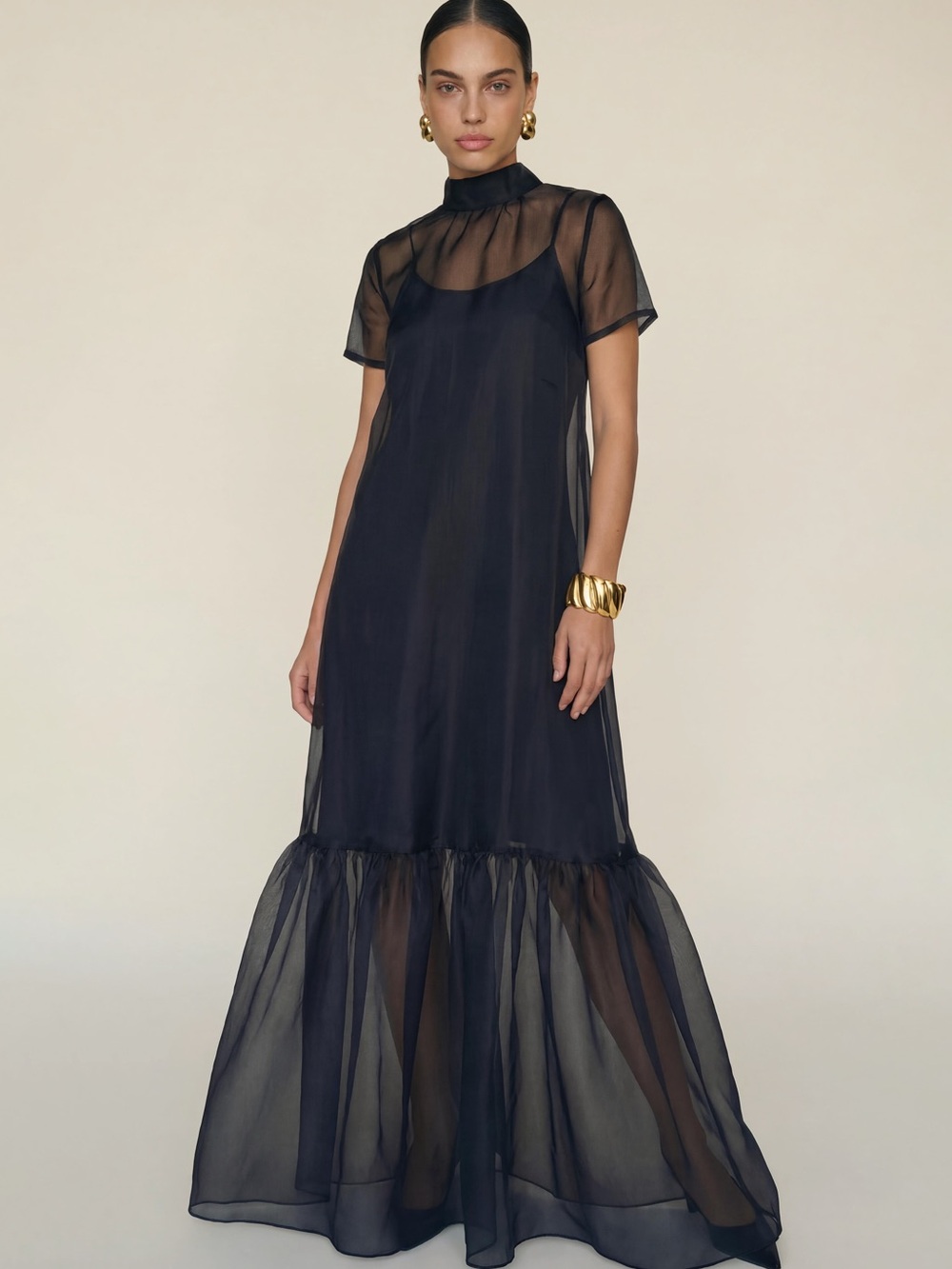 Few Moda Caara “Melody” Sheer Overlay Black Maxi Dress